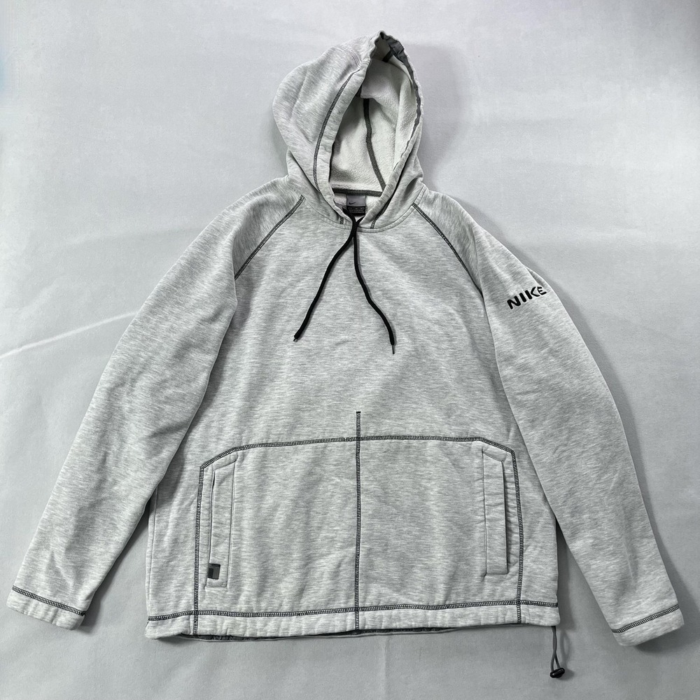 Y2K Nike Hoodie Mens XL Gray Fleece Kangaroo Pocket Pullover Arm Spell‎ Out